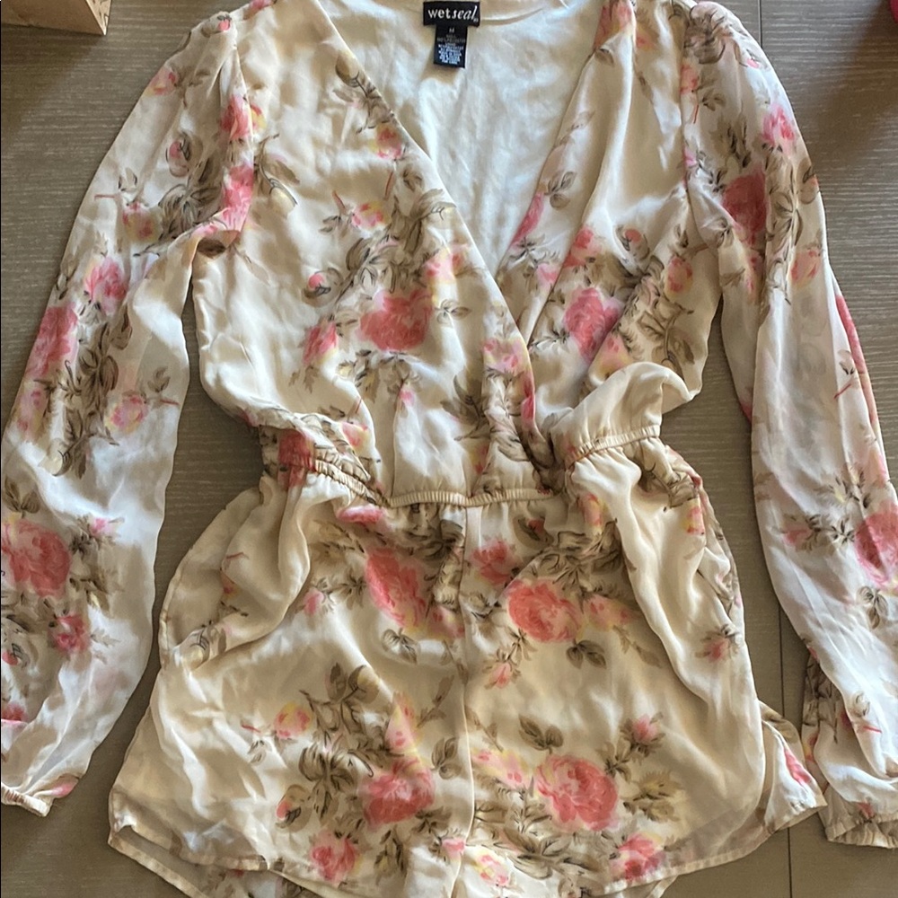 Wet Seal Cream and Pink Floral Wrap Blouse